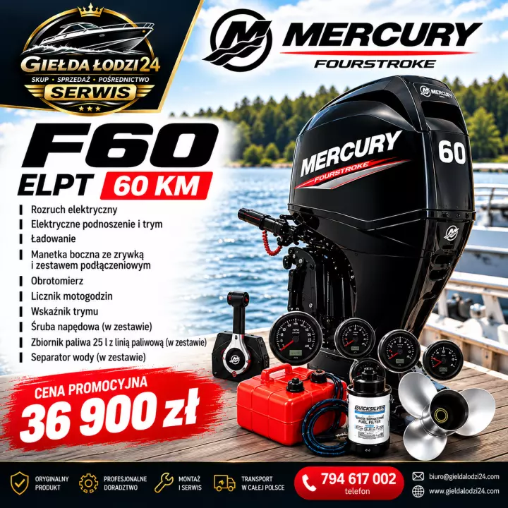 MERCURY F60 ELPT – 60 KM | NOWY SILNIK ZABURTOWY | KOMPLETNY ZESTAW